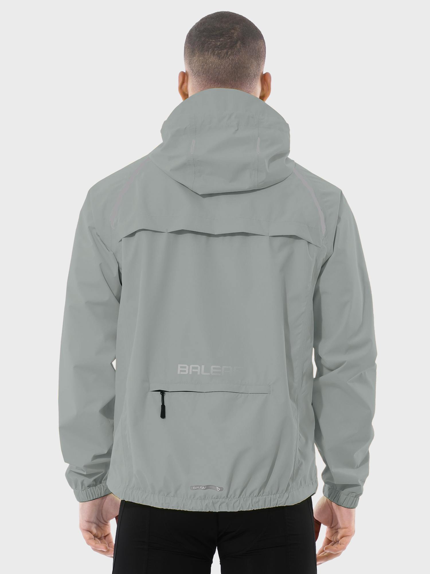 Men's BALEAF grey UPF 50+ waterproof cycling rain jacket, back view, with reflective accents and hood. #color_Light Gray