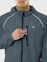 Men's slate grey waterproof cycling rain jacket with reflective stripe and zippered pocket detail. #color_Dark Gray