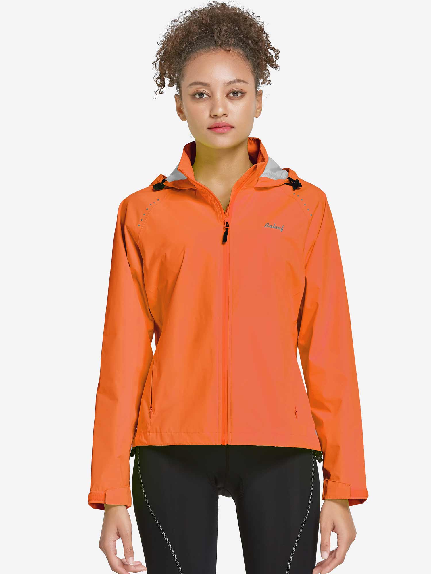 Women's orange Baleaf waterproof cycling rain jacket with hood and pockets. #color_Orange