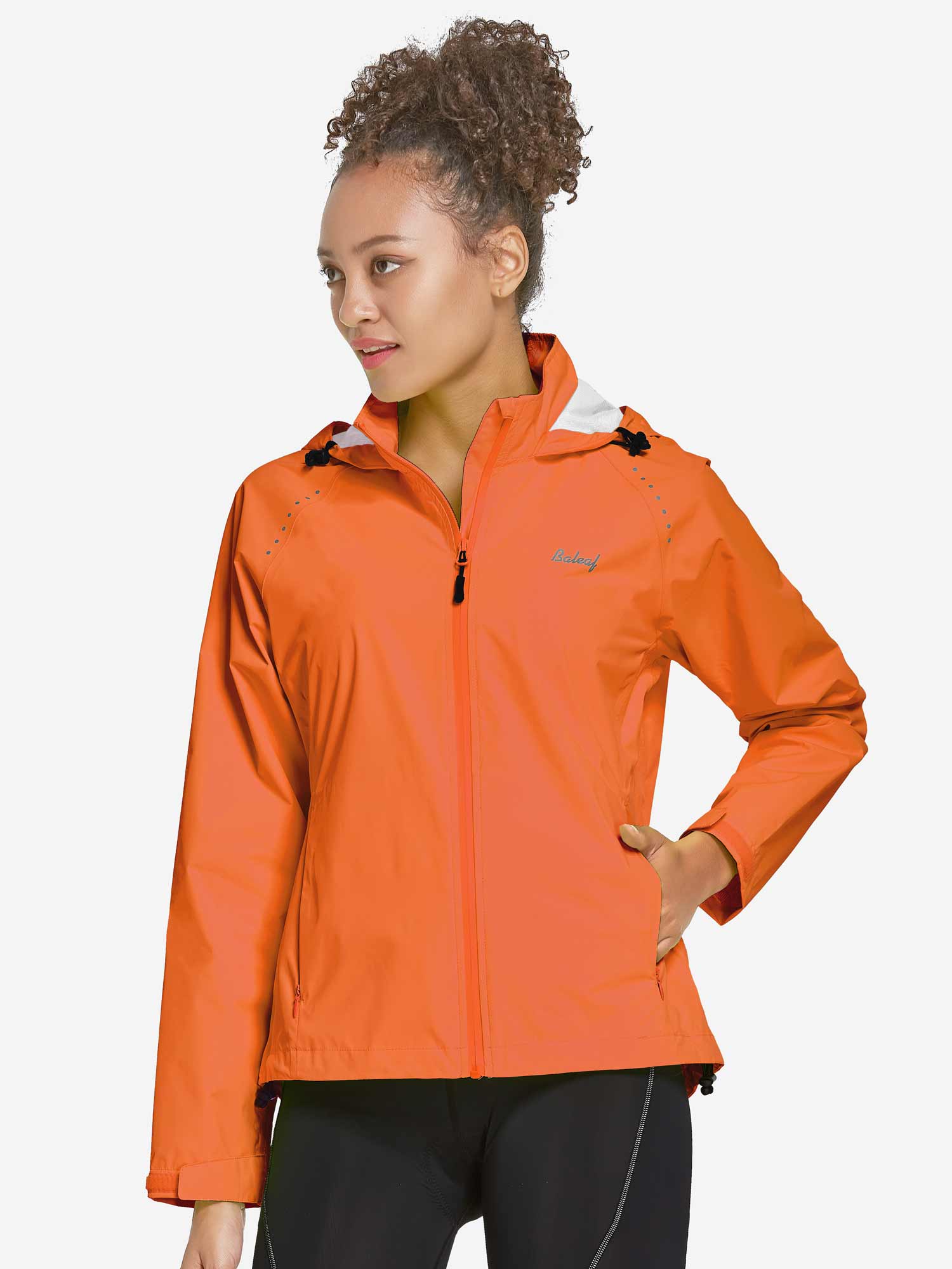 Orange women's waterproof cycling rain jacket with Baleaf logo and zippered pockets. #color_Orange