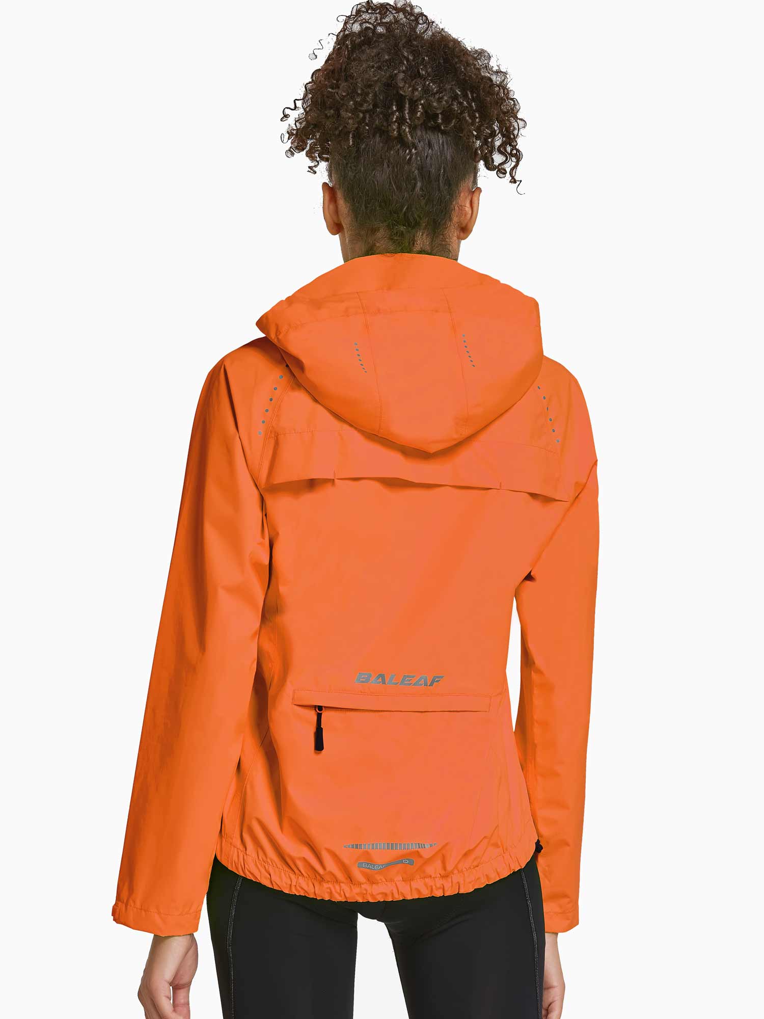 Women's orange Baleaf waterproof cycling rain jacket, back view, with reflective details and zip pocket.
