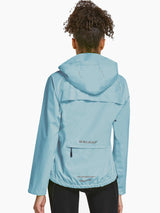 Women's light blue BALEAF waterproof cycling rain jacket, back view, with hood, pocket, and reflection.