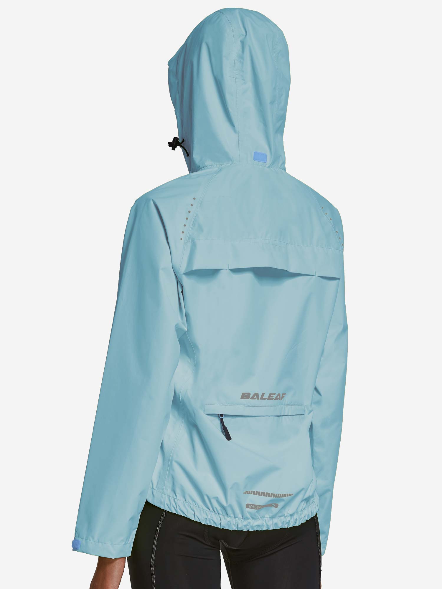 Women's light blue BALEAF waterproof cycling rain jacket back view with reflective dots and vent flap. #color_Blue