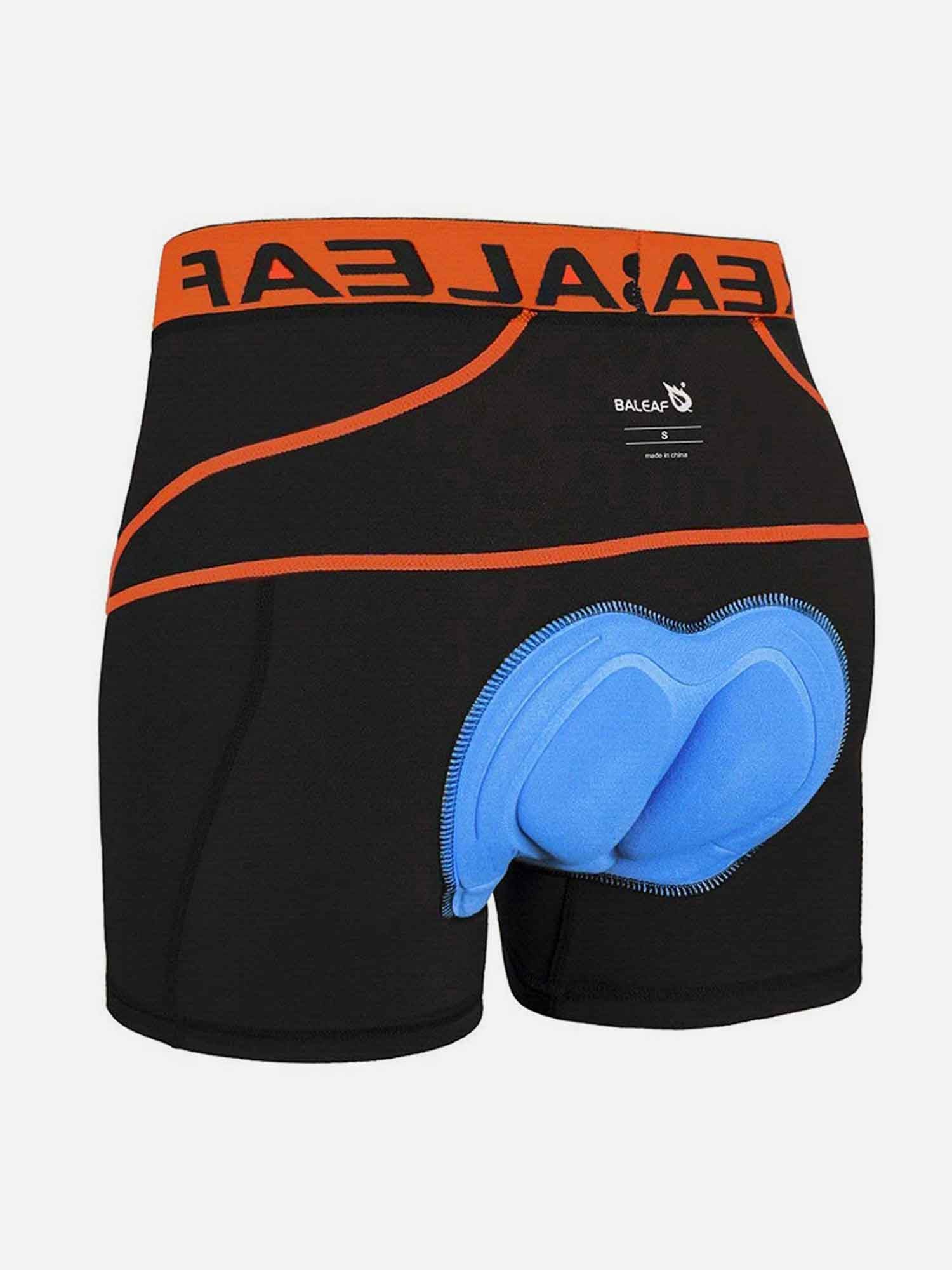 Black men's cycling shorts featuring blue 3D gel padding and orange BALEAF branded waistband.