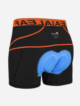 Black men's cycling shorts featuring blue 3D gel padding and orange BALEAF branded waistband.