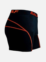 Men's black 3D padded cycling shorts with orange contrast stitching and AF BALAF logo. #color_Orange