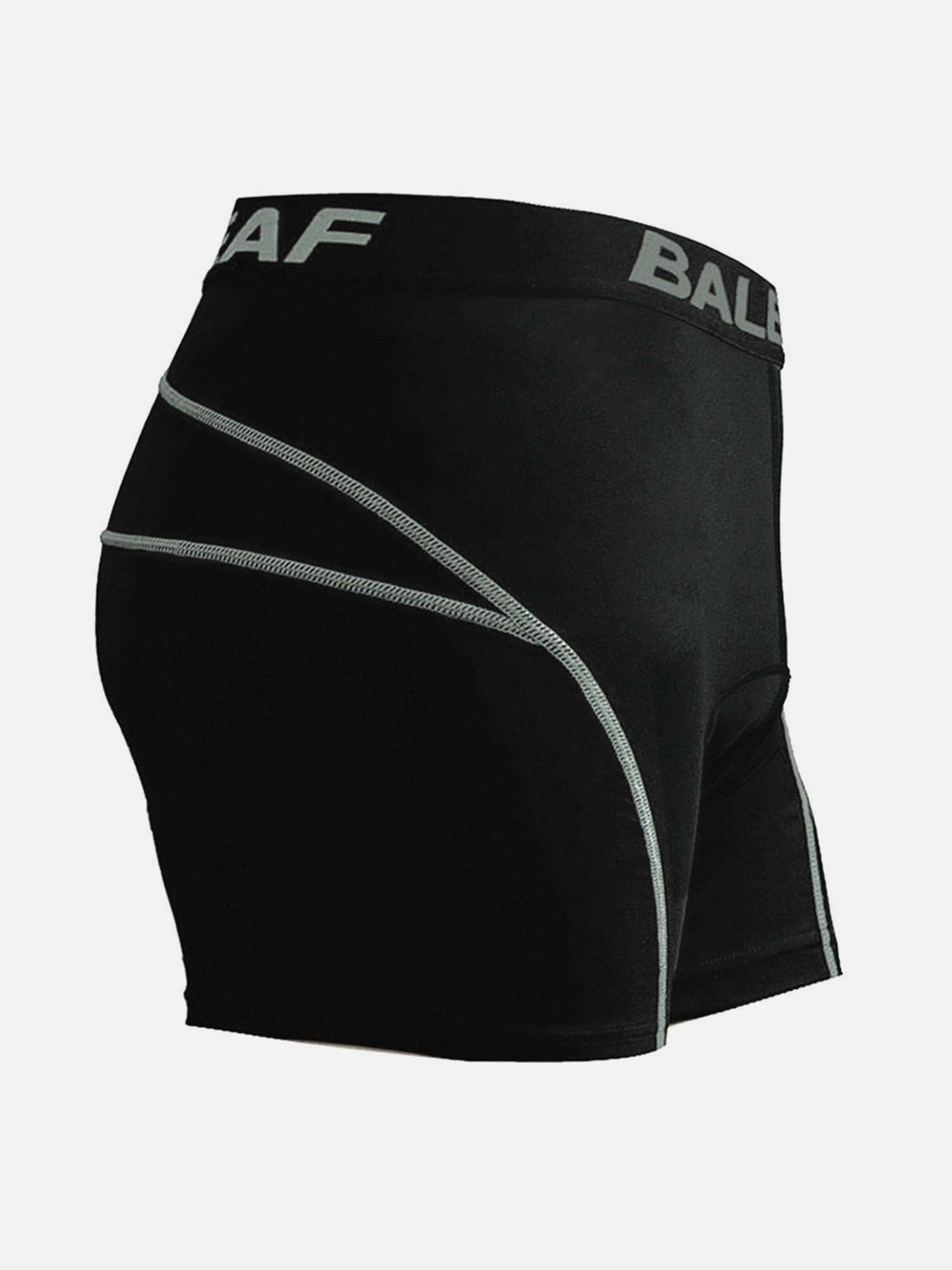 Men's black 3D padded cycling shorts with 'AF BAL' waistband and grey stitching. #color_Gray