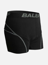 Men's black 3D padded cycling shorts with grey contrast stitching and F BALEA logo. #color_Gray