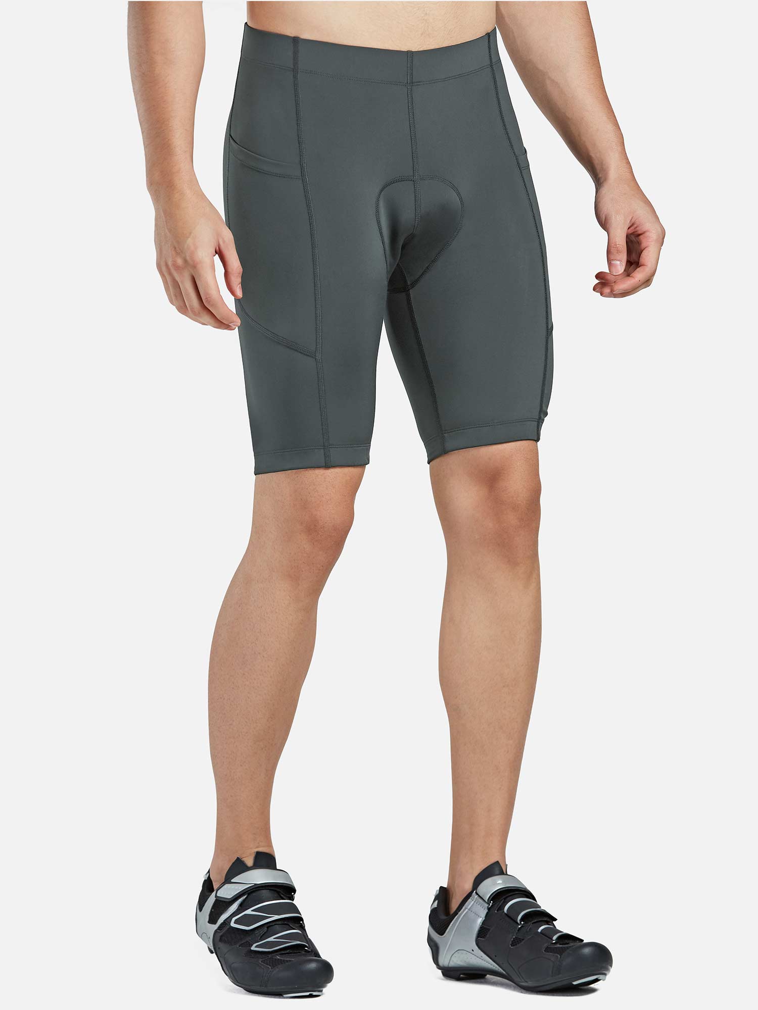 Men's dark grey UPF 50+ cycling shorts with two side pockets and padded chamois. #color_Gray