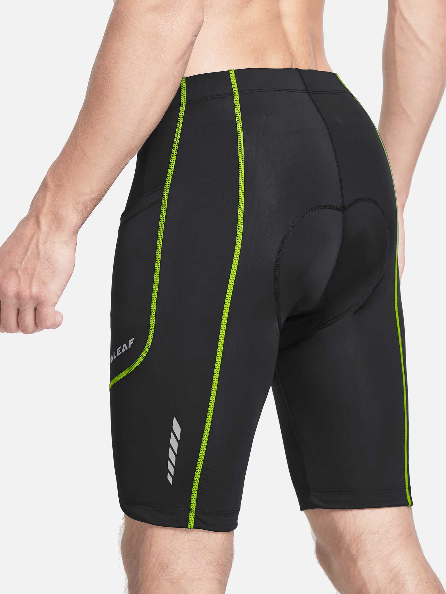 Men's UPF 50+ cycling shorts, black with lime green accents, side pockets, reflective details.