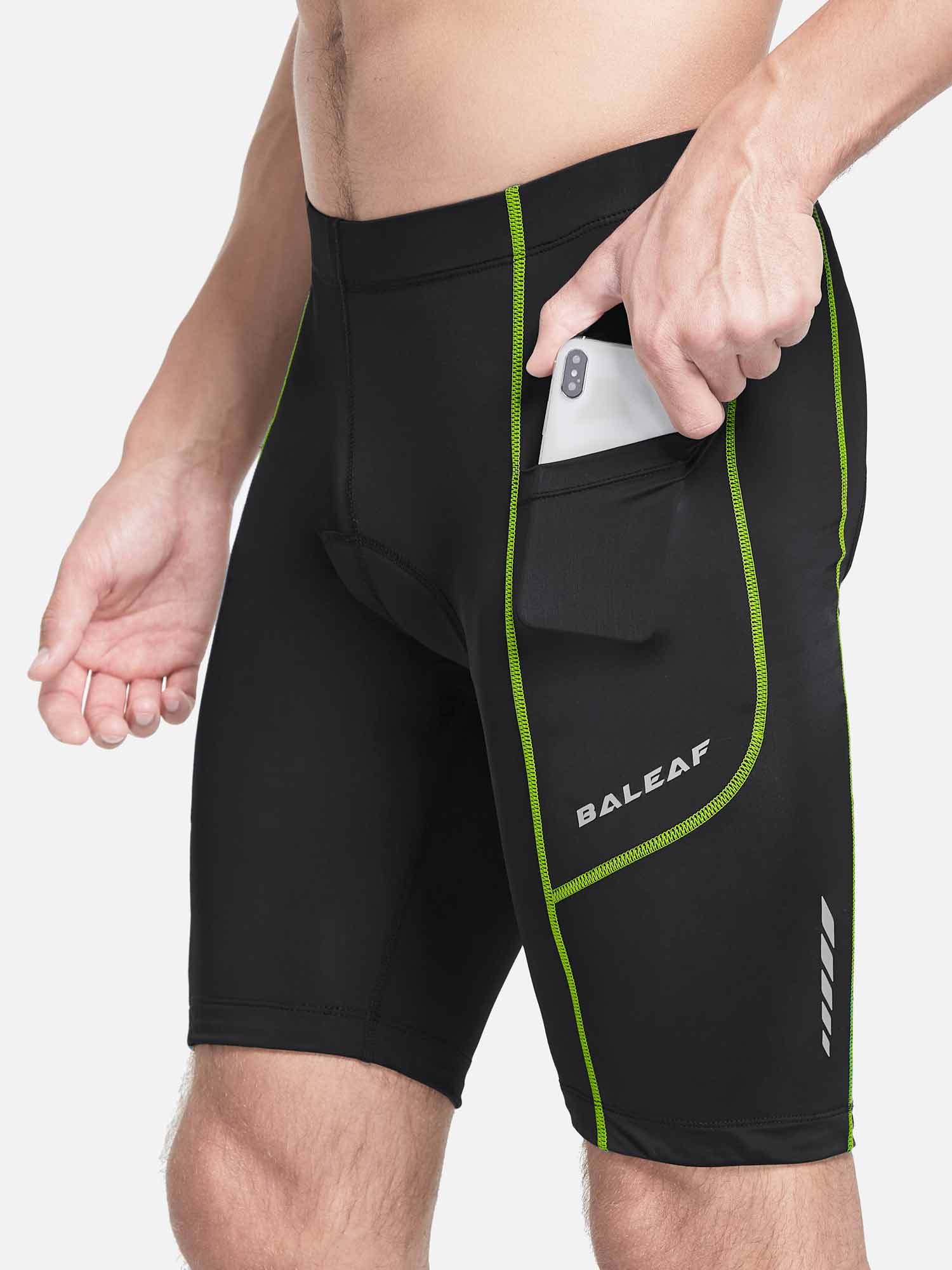 Men's black BALEAF UPF 50+ cycling shorts with side phone pockets and neon green stitching. #color_Fluorescent Green