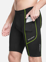 Men's black BALEAF UPF 50+ cycling shorts with side phone pockets and neon green stitching. #color_Fluorescent Green
