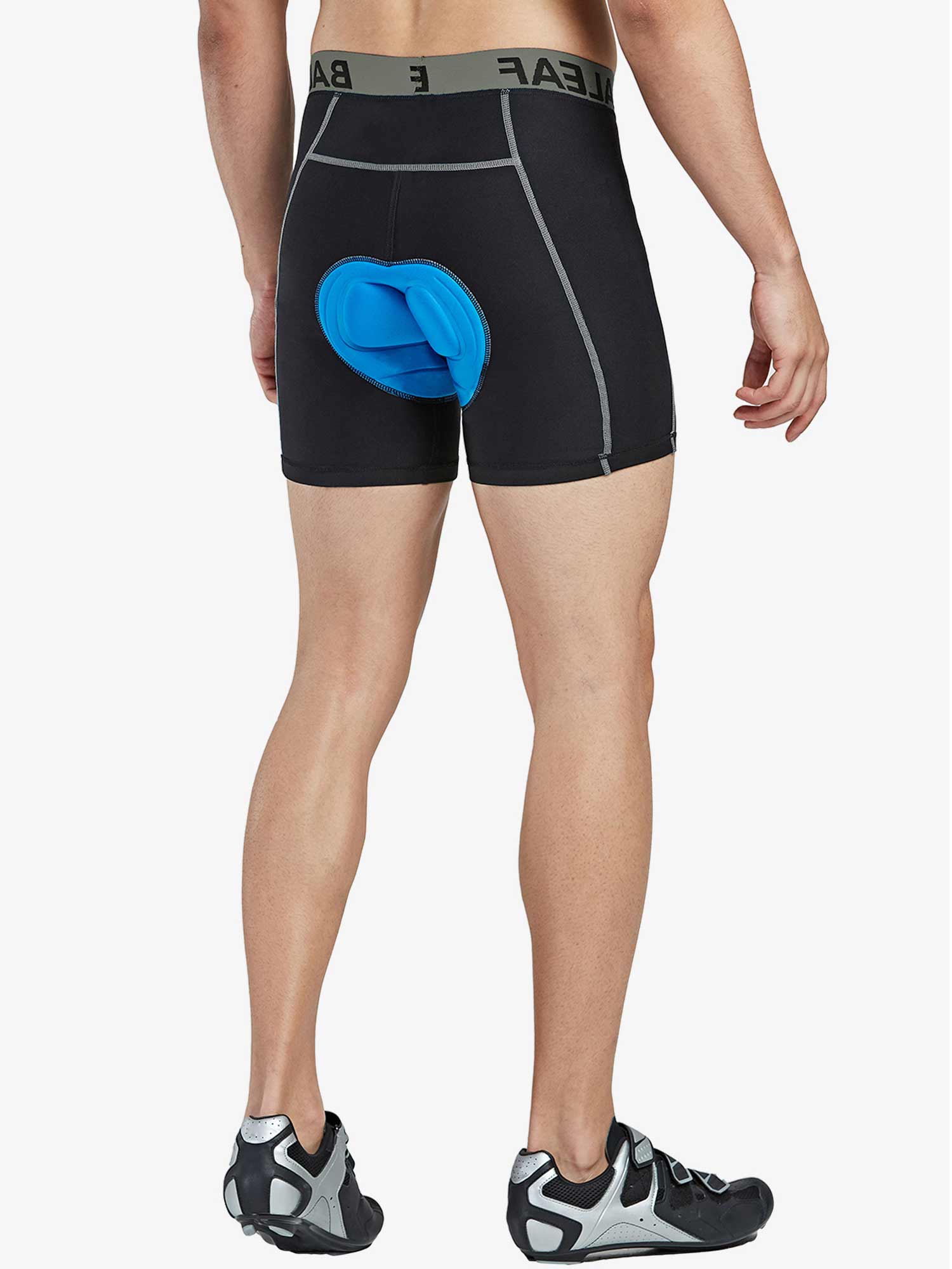 Men's black padded cycling shorts with bright blue 3D chamois. #color_Grey
