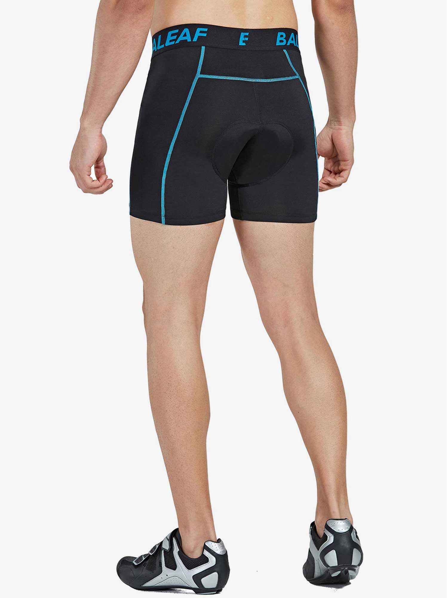 Men's black 3D padded cycling underwear with blue trim, back view. #color_Aqua Blue