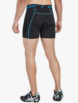 Men's black 3D padded cycling underwear with blue trim, back view. #color_Aqua Blue