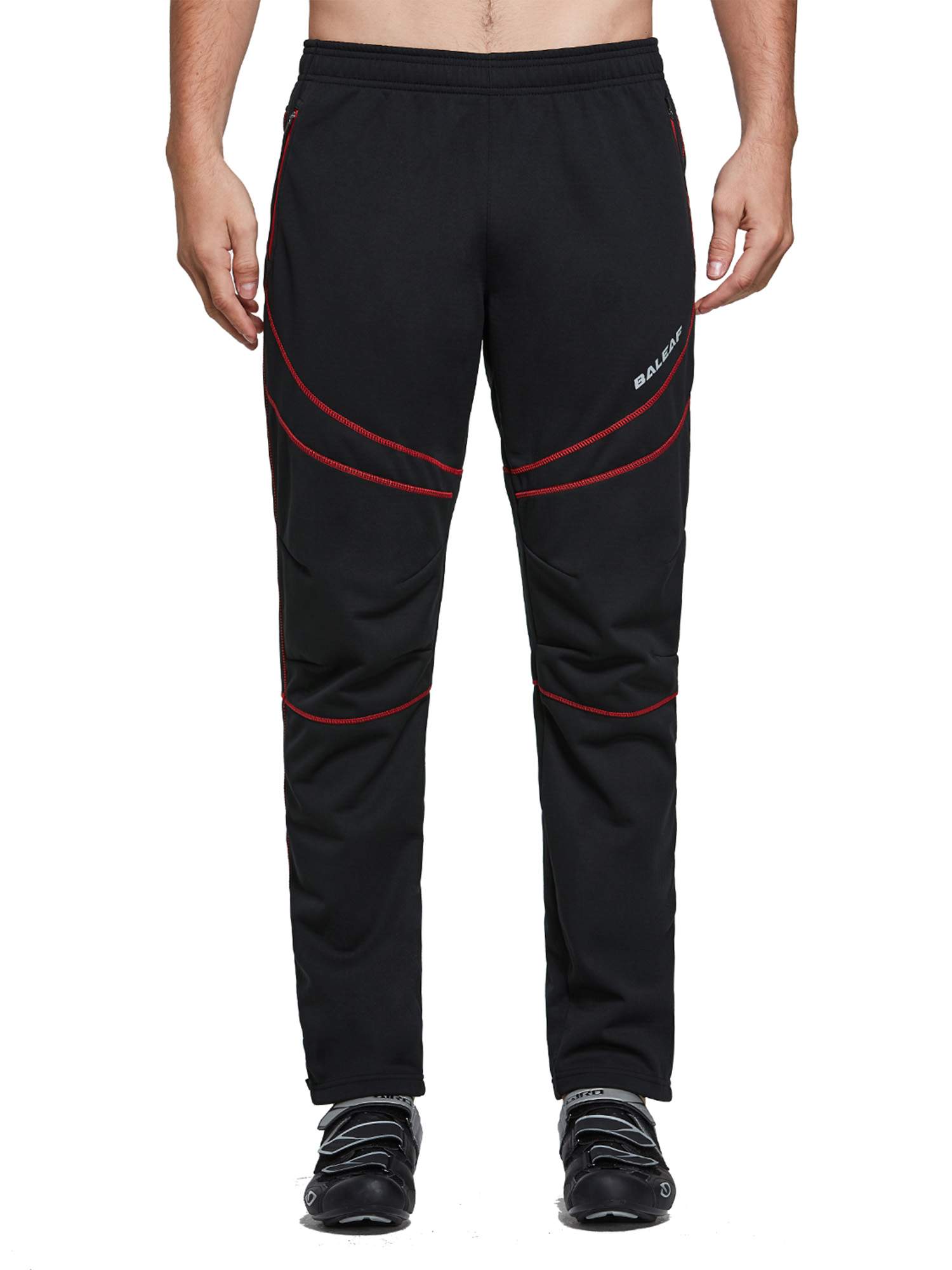 BALEAF Men's black thermal softshell cycling pants with red stitching & zipper ankles. #color_Black/Red