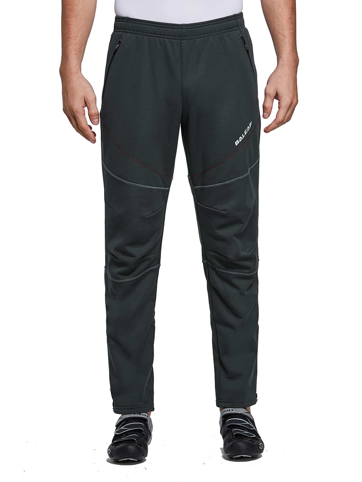 Men's dark green BALEAF thermal softshell cycling pants, zippered pockets, red stitching. #color_Dark Gray