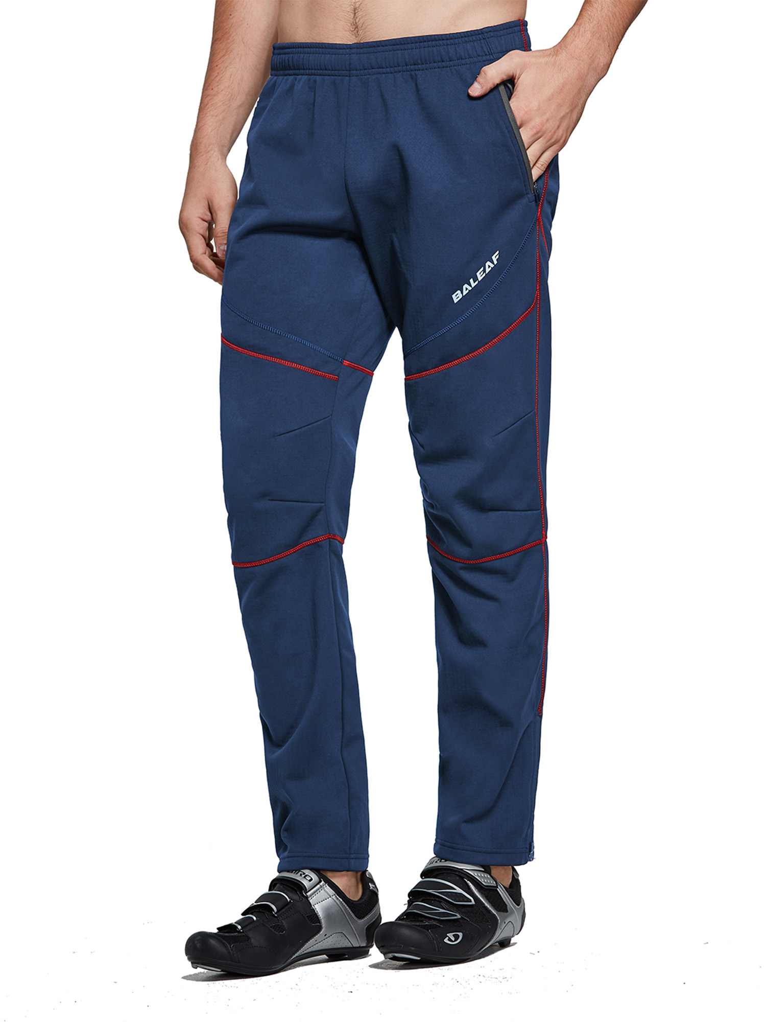 Men's BALEAF navy thermal softshell cycling pants with red stitching and zip pocket. #color_Navy Blue