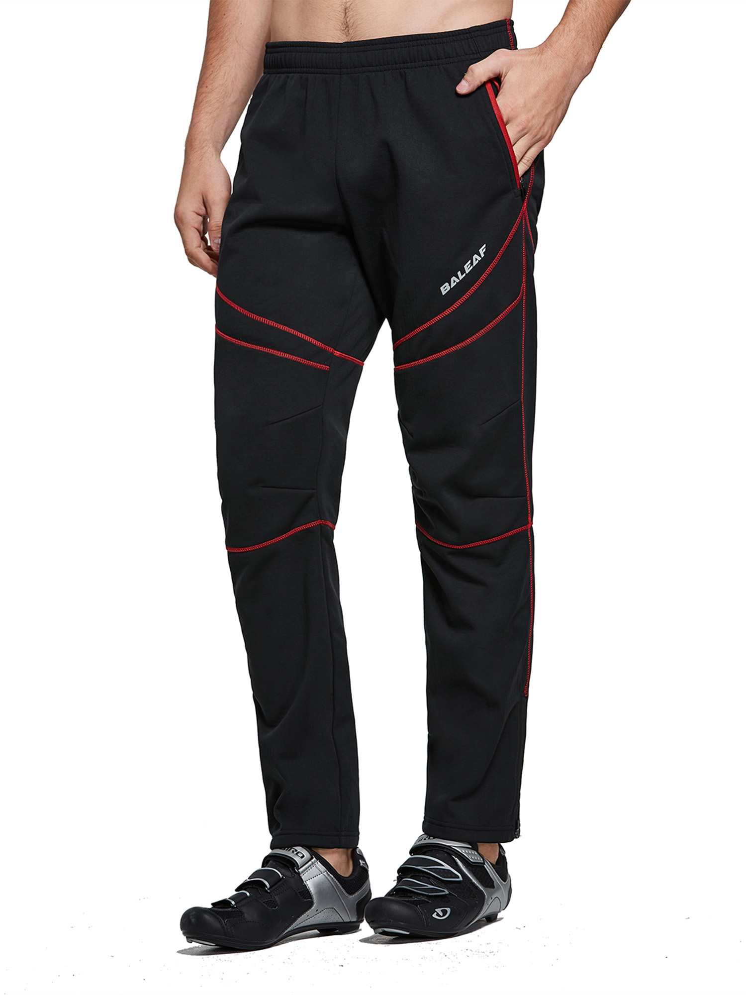 Men's black BALEAF thermal softshell cycling pants with red contrast stitching. #color_Black/Red