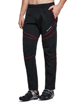Men's black BALEAF thermal softshell cycling pants with red contrast stitching. #color_Black/Red