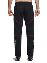 Men's black thermal softshell cycling pants (back view) with red stitching & reflective details. #color_Black/Red