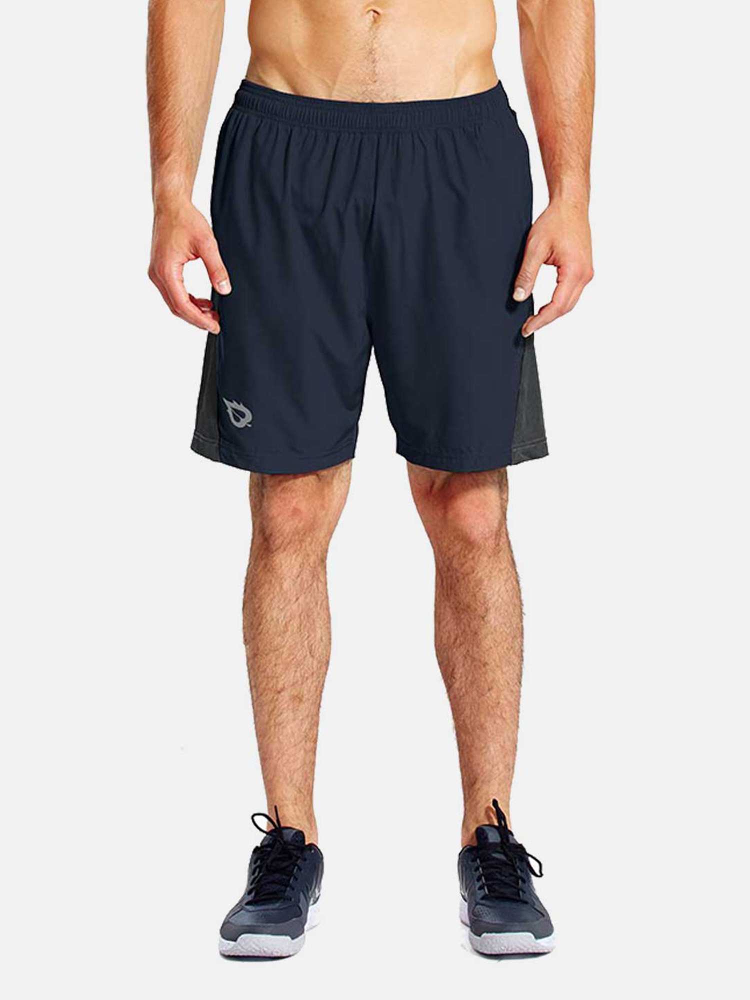 Man wearing navy 7-inch quick-dry running shorts with liner and mesh panels. #color_Navy Blue