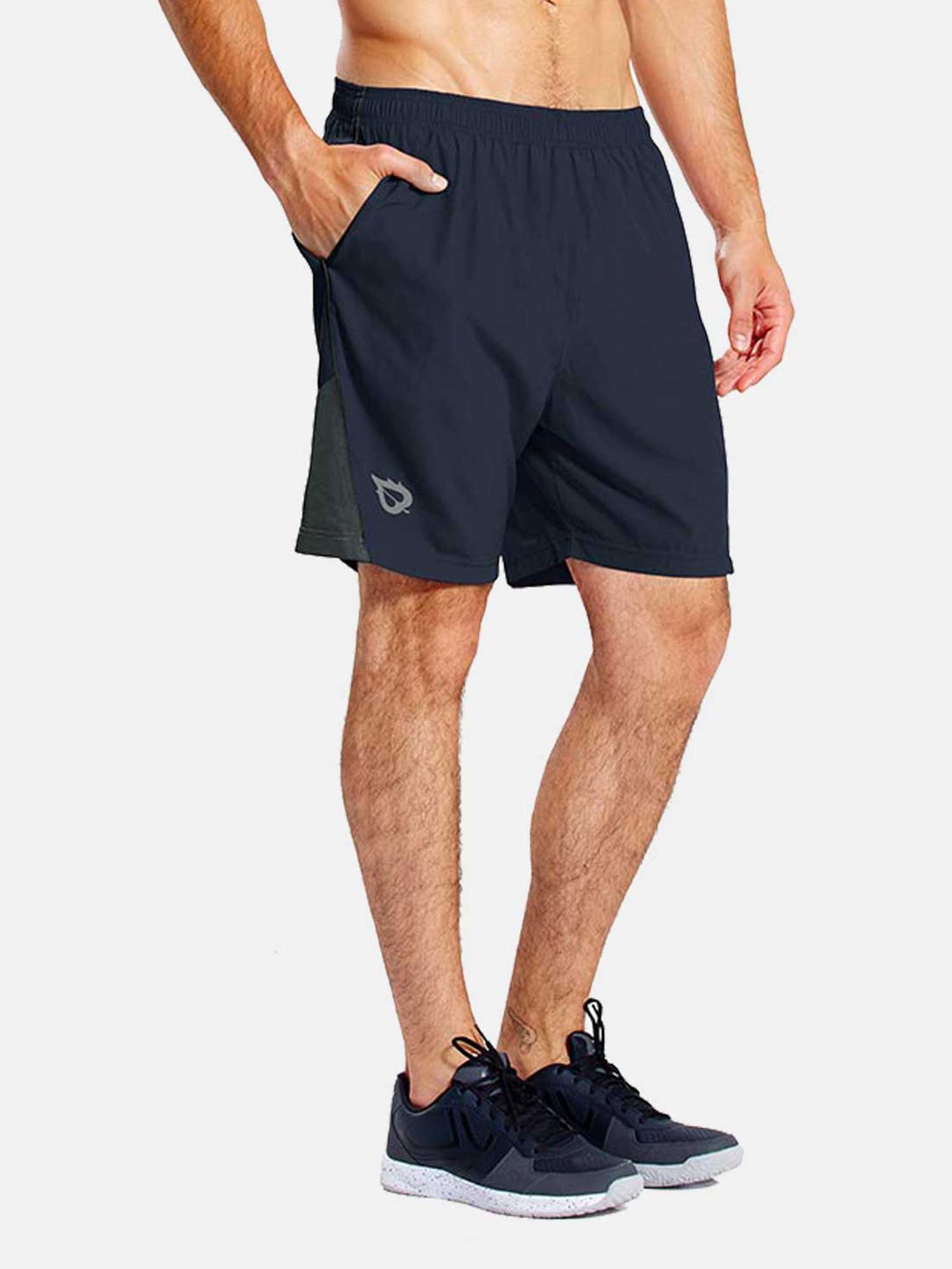 Men's navy 7" running shorts with liner, featuring side mesh panels, logo, and pockets. #color_Navy Blue