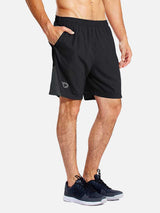 Men's black 7-inch running shorts with liner, side mesh panels, subtle logo, and quick-dry fabric. #color_Black