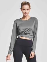 Grey women's long-sleeve quick-dry running shirt with crew neck. #color_Heather Gray