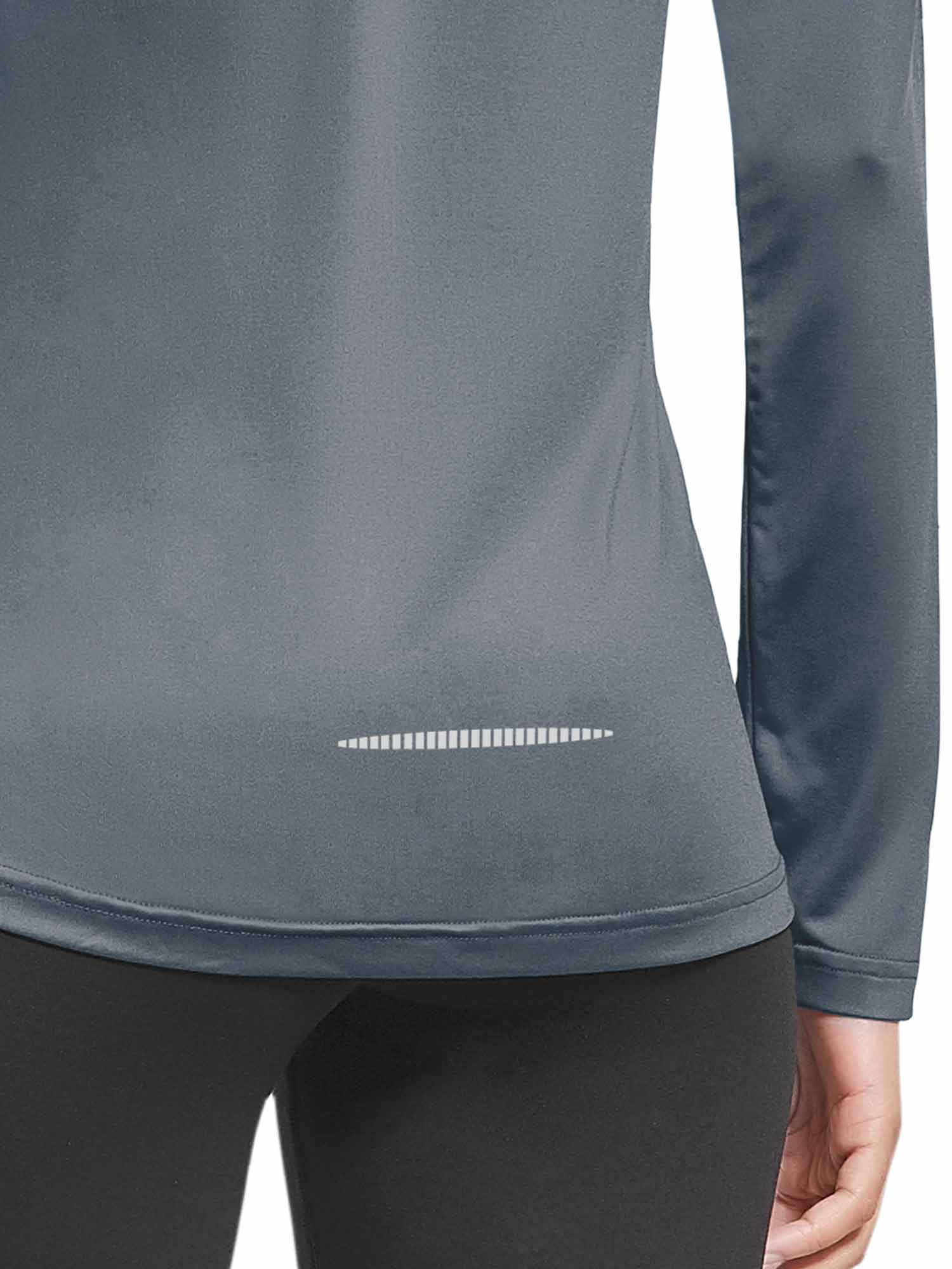 Grey women's long-sleeve running shirt with reflective dashes on the longer back hem. #color_Gray