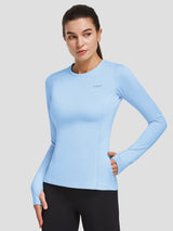 Baleaf light blue thermal crew neck athletic top with thumb holes & zip pocket #color_Light Blue