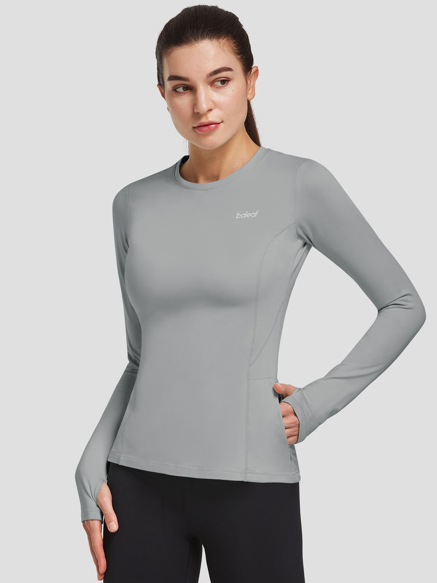 Grey Baleaf long sleeve crew neck pullover with thumbholes and zip pocket #color_Light Gray