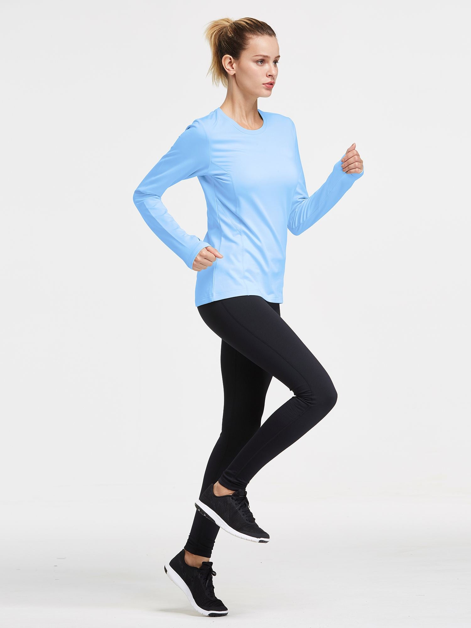 Light blue fleece crew pullover with thumbholes for running #color_Light Blue