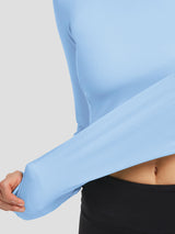 Light blue fleece crew pullover sleeve with thumbhole detail #color_Light Blue