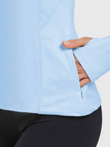 Light blue fleece pullover with zip pocket and thumbhole cuff. #color_Light Blue