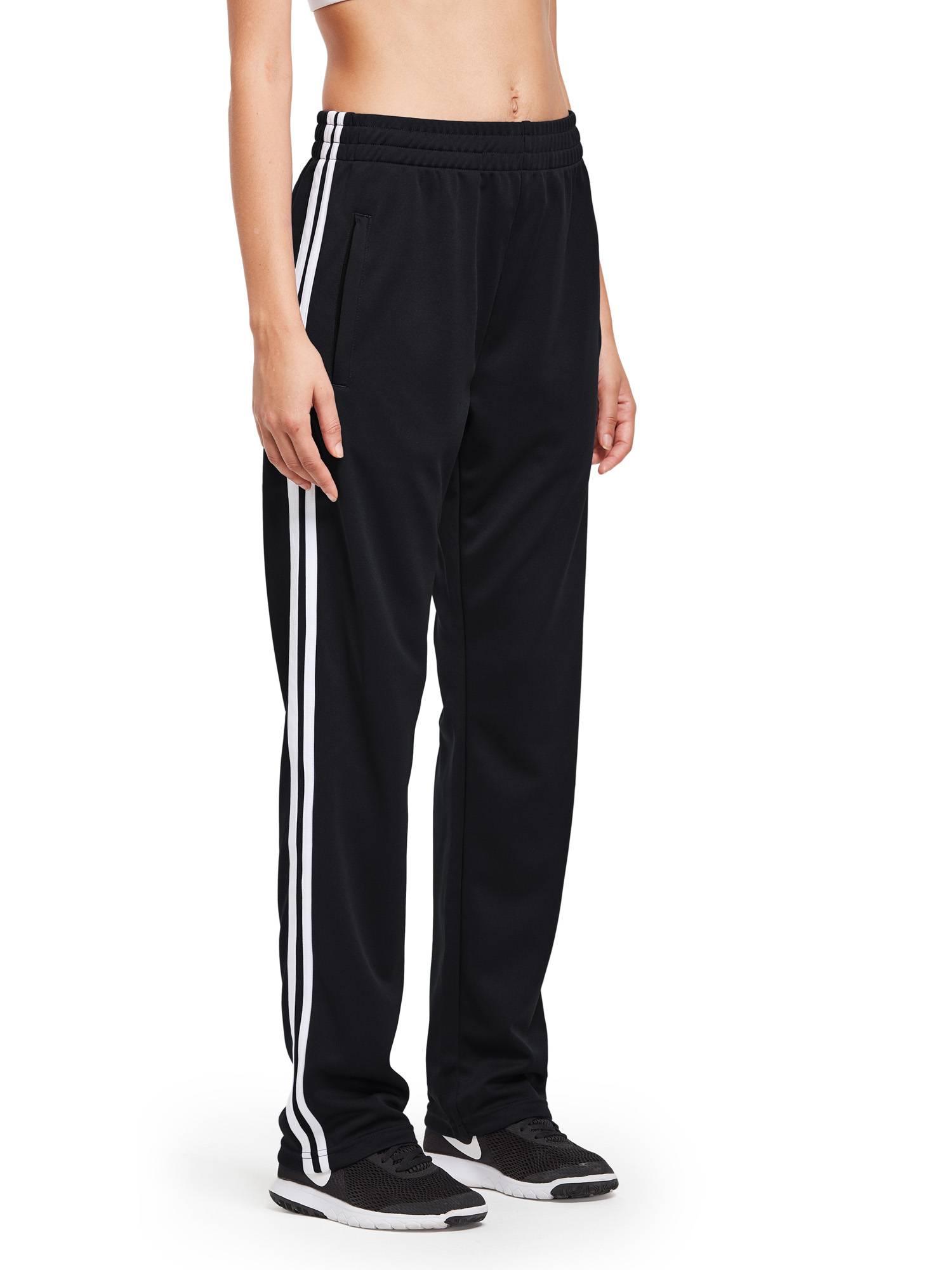 Black knit straight wide-leg running pants with white stripes #color_Black/White