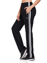 Black knit straight-leg running pants with white stripes & zip pockets. #color_Black/White