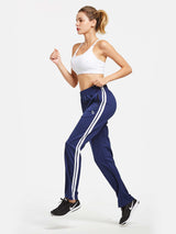 Navy knit straight-leg running pants with white side stripes, fleece-lined for warmth.