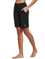 Women's black Laureate high-rise Bermuda shorts with pockets, suitable for everyday wear. #color_Black
