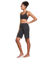 Laureate High Rise Bermuda Shorts in heather gray fabric with wide waistband and pockets. #color_Heather Gray