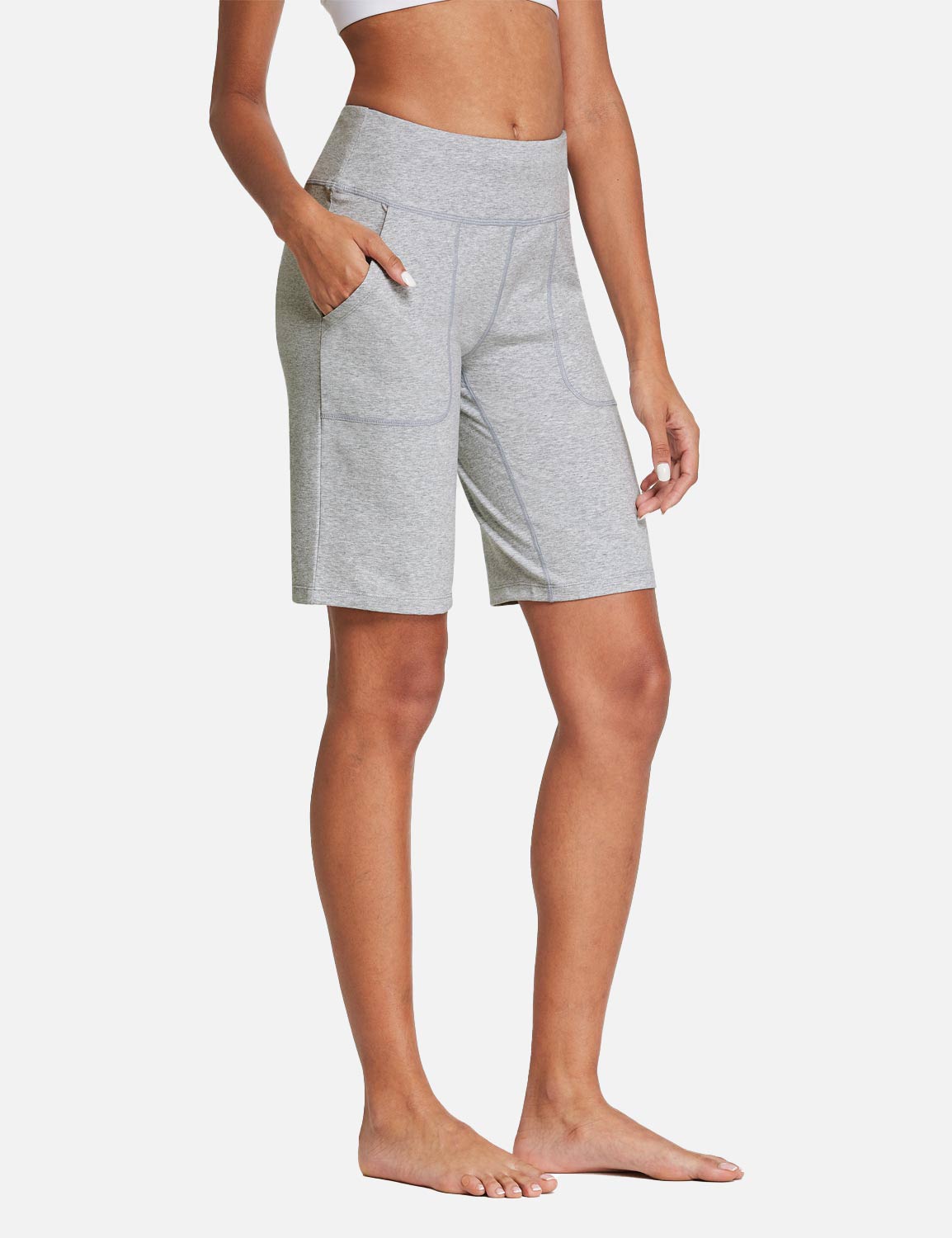 Light gray Laureate High Rise Bermuda Shorts with pockets and flatlock seams for active use.