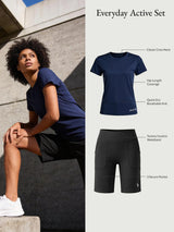 Baleaf women's everyday active set: navy quick-dry t-shirt and black Bermuda shorts with tummy control. 