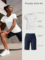 Everyday Active Set: white quick-dry running shirt & navy high-rise Bermuda shorts
