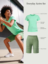 Everyday Active Set: Mint green quick-dry running shirt & olive Bermuda  shorts.