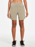 Women's tan 7-inch running shorts with liner, A-line fit, lightweight material. #color_Khaki