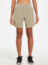 Women's tan 7-inch running shorts with liner, A-line fit, lightweight material. #color_Khaki