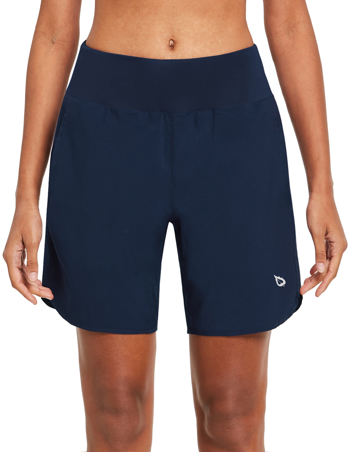 Women's navy blue 7-inch running shorts with liner, high-rise waist, side pockets, and logo. #color_Navy Blue