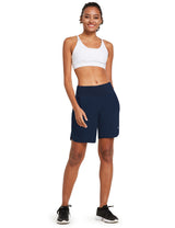 Women's 7-inch navy blue running shorts with high-rise waistband and side pockets. #color_Navy Blue