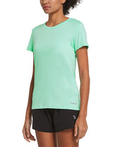 Everyday Active Set: mint green women's running shirt and black shorts.