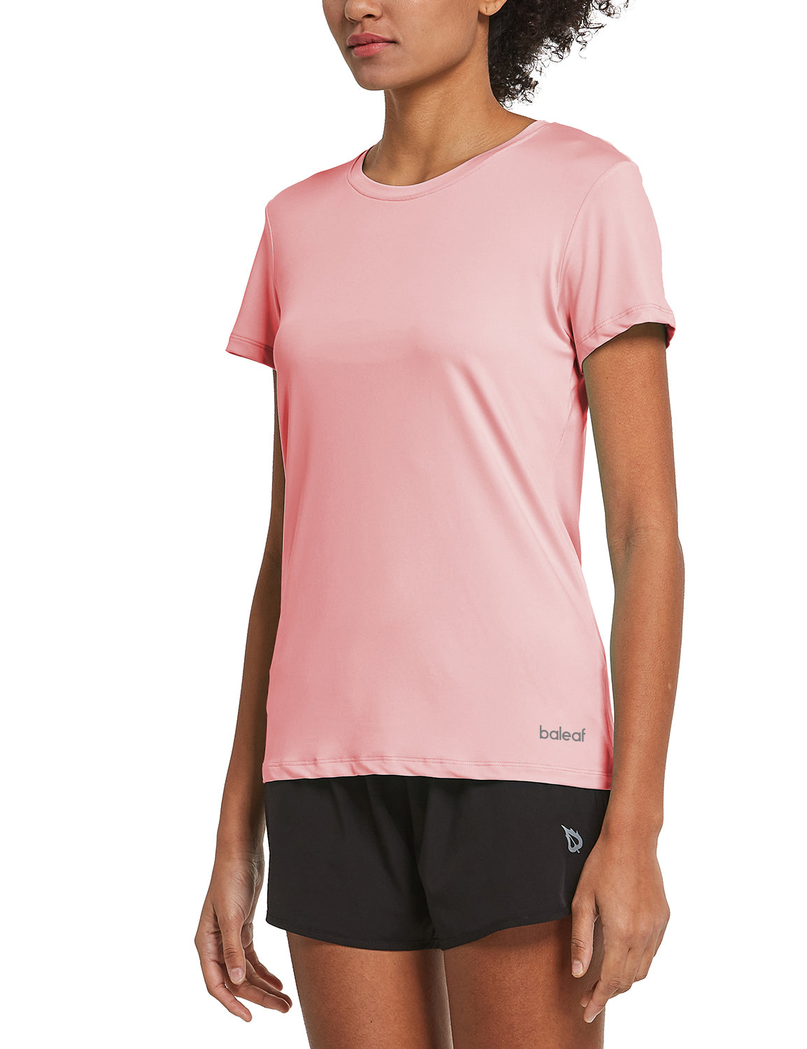 Women's light pink short-sleeve quick-dry crewneck running shirt with baleaf logo.
